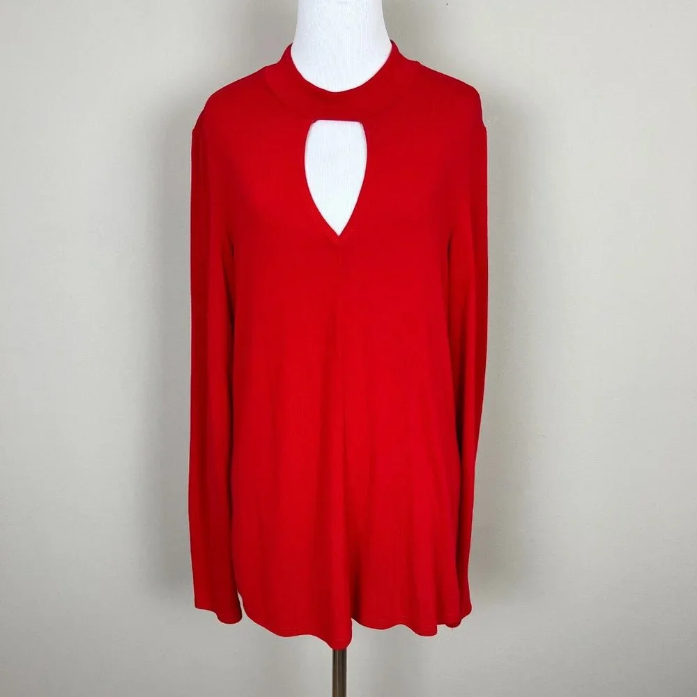 Bardot Top Womens Large 10 Red Cut Out Choker V-Neck Long Sleeve Stretch Knit‎